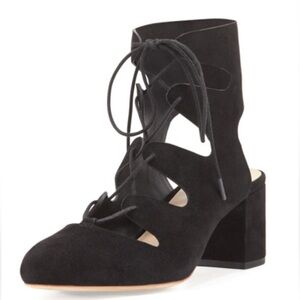 Loeffler Randall Black Suede Lexi Caged Block Heel Pumps Sz 5.5 Laceup with box